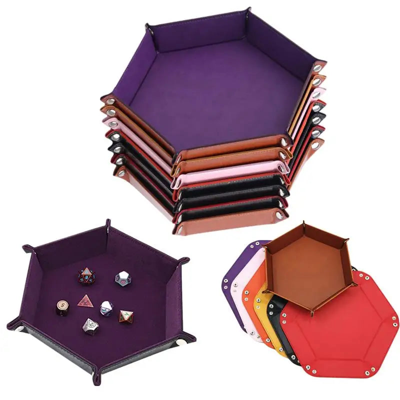 Folding Hexagon Dice Tray - PU Leather & Velvet Rolling Tray