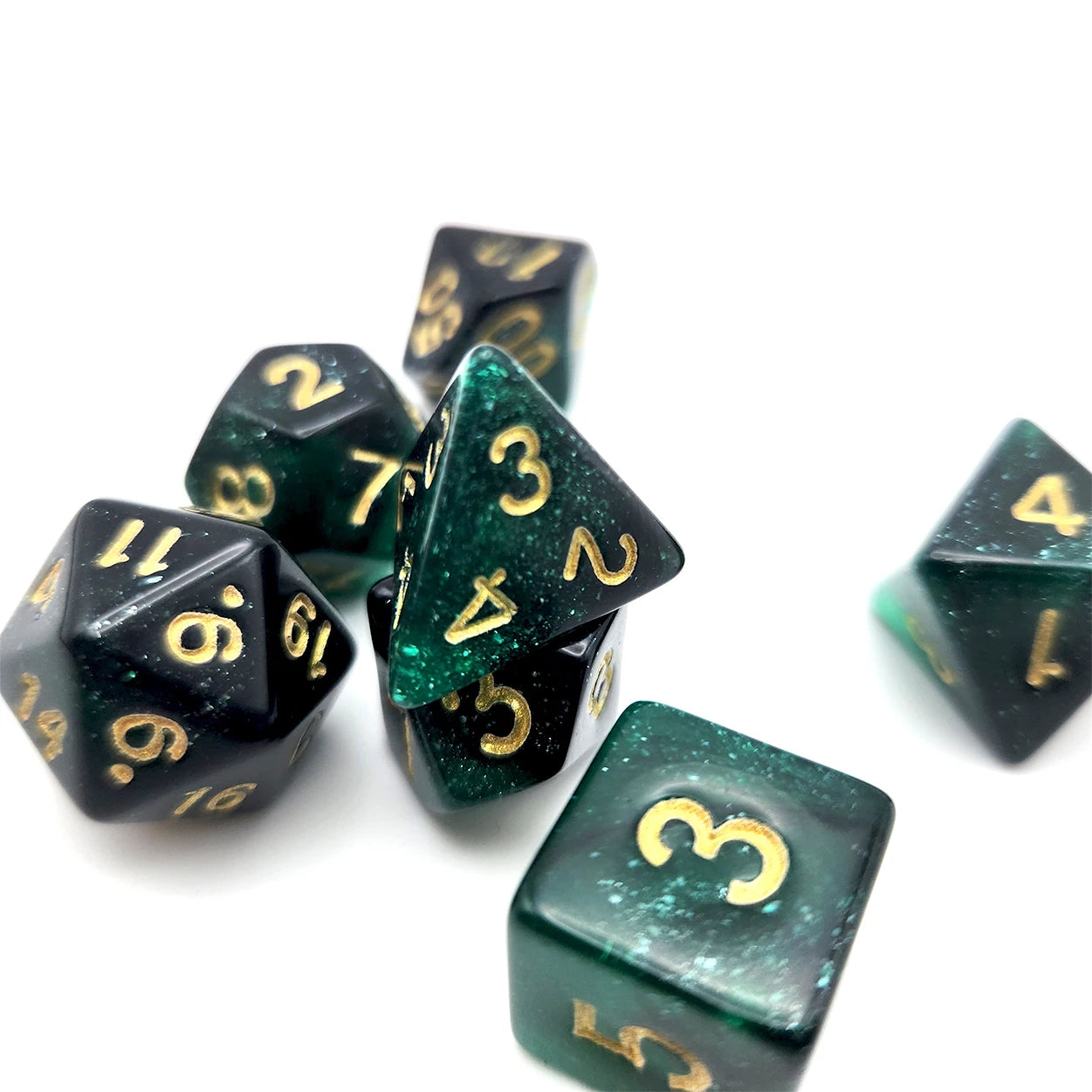 Polyhedral Dice Set - 7pc Starry Green & Black (D4-D20) for MTG, D&D, RPG