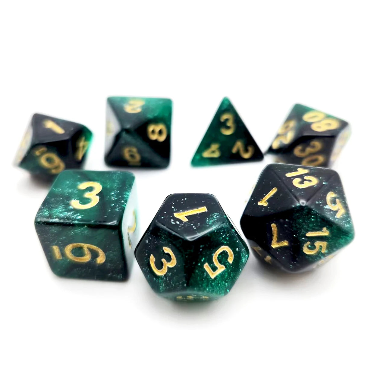 Polyhedral Dice Set - 7pc Starry Green & Black (D4-D20) for MTG, D&D, RPG