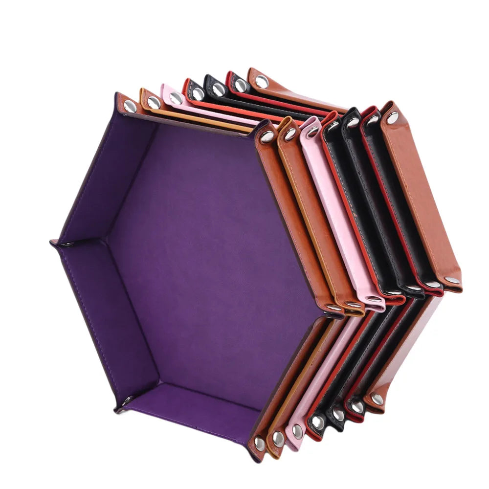 Folding Hexagon Dice Tray - PU Leather & Velvet Rolling Tray