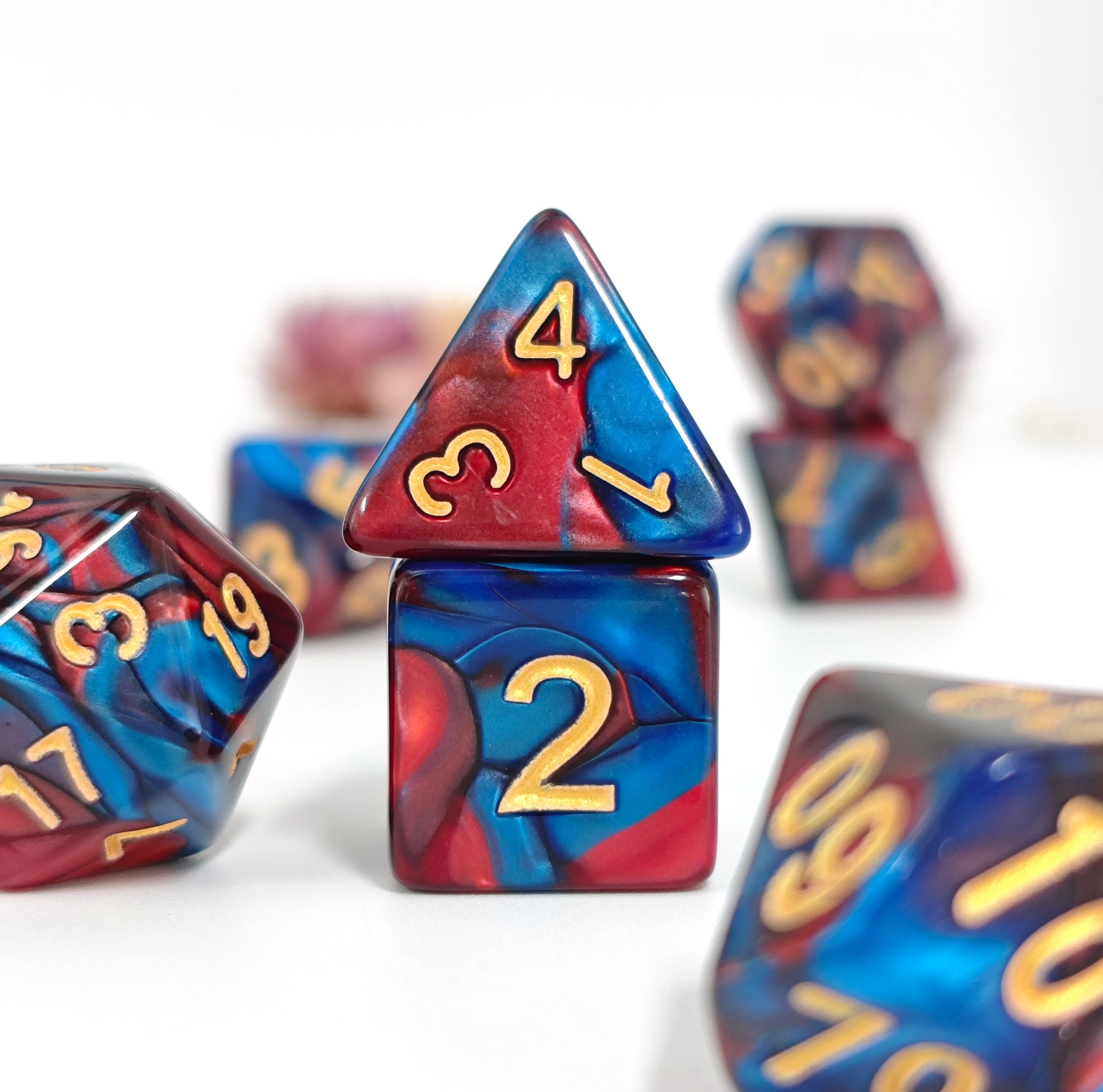 Polyhedral Dice Set - 7pc Red & Blue Swirl with Gold Ink (D4-D20)