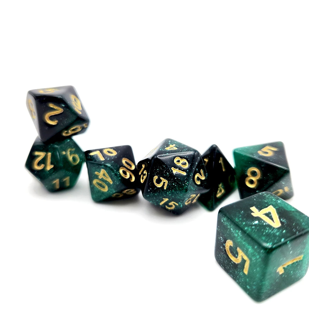 Polyhedral Dice Set - 7pc Starry Green & Black (D4-D20) for MTG, D&D, RPG