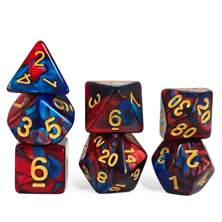 Polyhedral Dice Set - 7pc Red & Blue Swirl with Gold Ink (D4-D20)