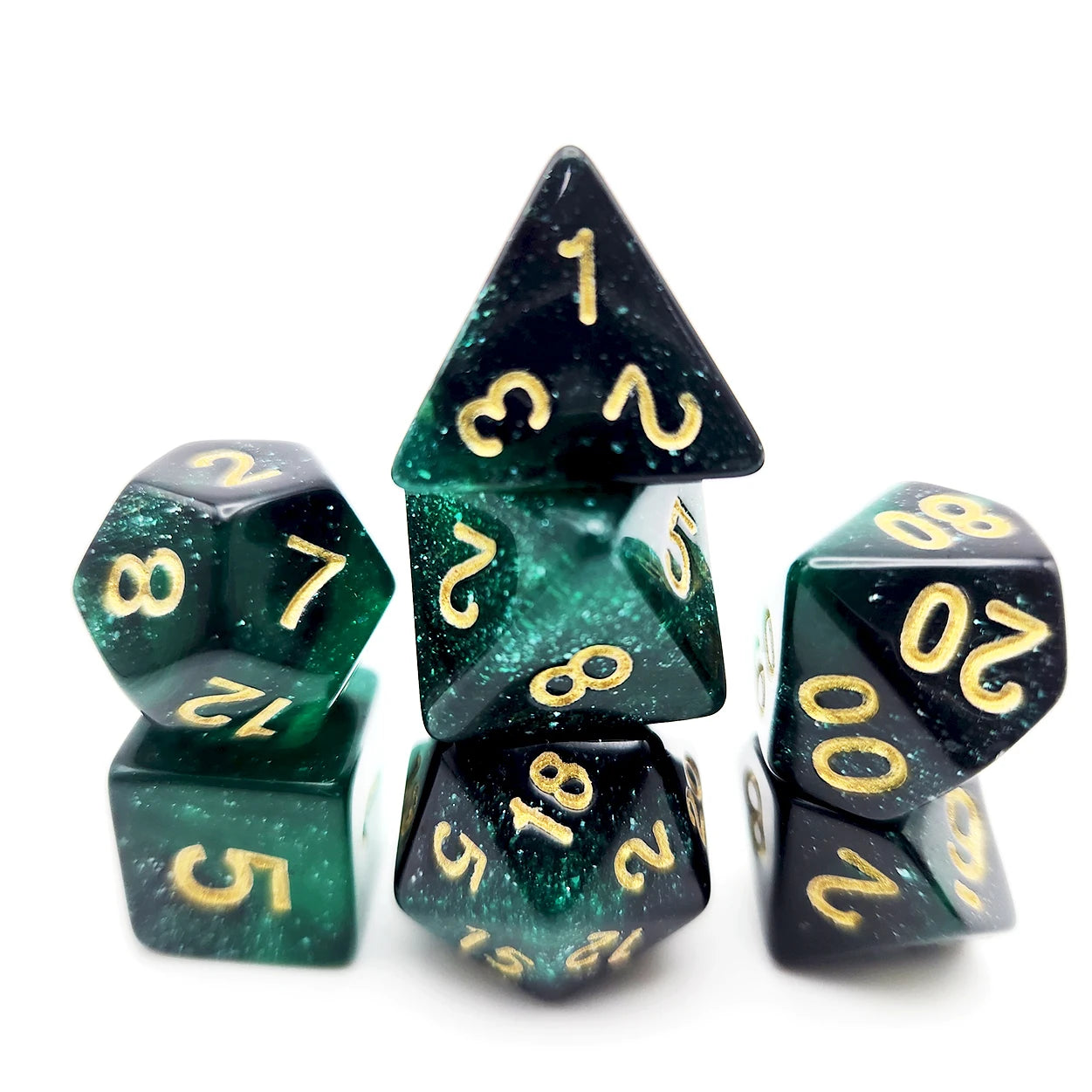 Polyhedral Dice Set - 7pc Starry Green & Black (D4-D20) for MTG, D&D, RPG