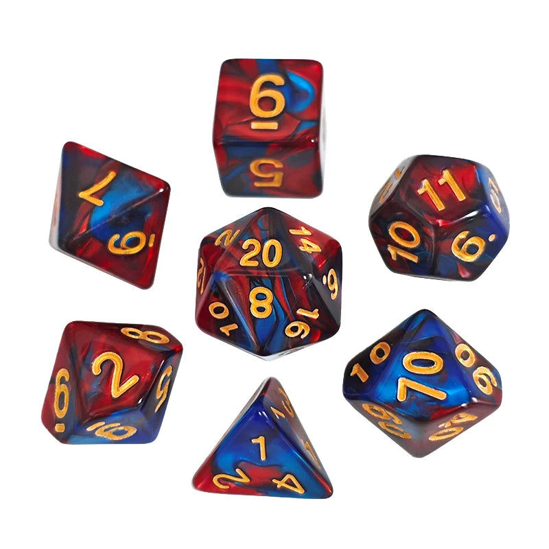 Polyhedral Dice Set - 7pc Red & Blue Swirl with Gold Ink (D4-D20)