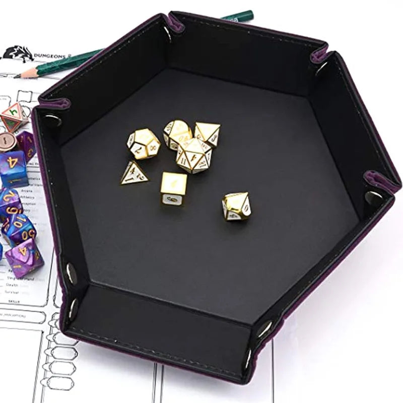 Folding Hexagon Dice Tray - PU Leather & Velvet Rolling Tray