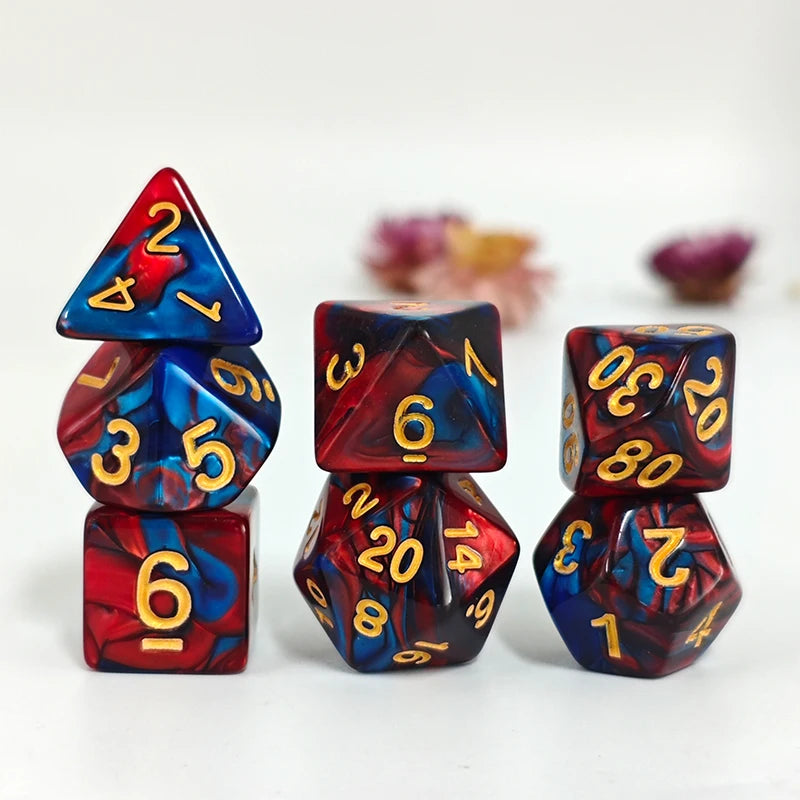 Polyhedral Dice Set - 7pc Red & Blue Swirl with Gold Ink (D4-D20)