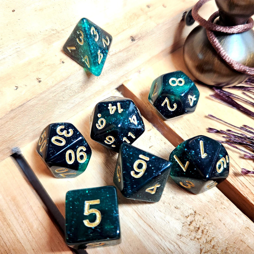 Polyhedral Dice Set - 7pc Starry Green & Black (D4-D20) for MTG, D&D, RPG