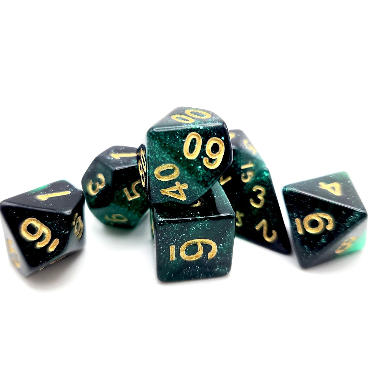 Polyhedral Dice Set - 7pc Starry Green & Black (D4-D20) for MTG, D&D, RPG
