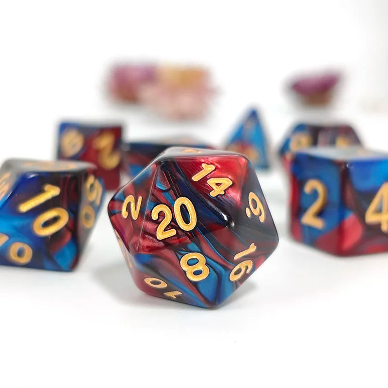 Polyhedral Dice Set - 7pc Red & Blue Swirl with Gold Ink (D4-D20)